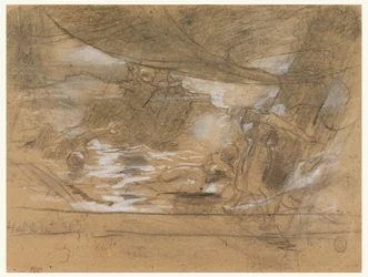 Dessin, pont de navire avec deux femmes, peut-être 15 juillet 1886