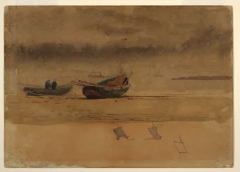 Dessin, vue arrière de deux bateaux à rames, Angleterre, 1881-82