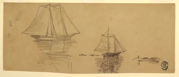 Dessin, deux goélettes et des doris, vers 1880