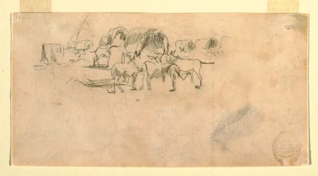 Dessin, train de chariots dans un camp, 1862