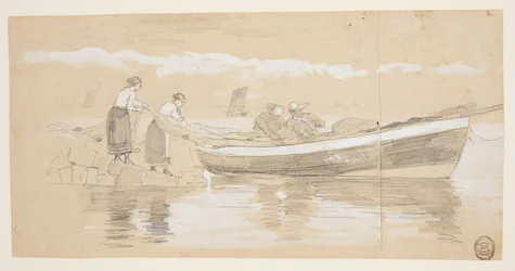 Pêcheur et Femmes Rangeant des Filets dans une Barque Échouée, Cullercoats, Angleterre
