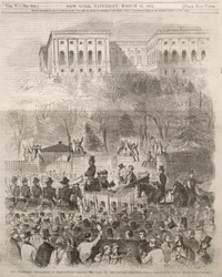 Le cortège inaugural à Washington passant la porte des terrains du Capitole, 1861