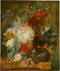 Nature morte avec bouquet de fleurs et nid d