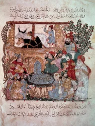 Le navigateur errant Abu-Zayd devant ses auditeurs. Miniature des « Maqamat » (Séances) par Abu Mohammed al-Kasim ibn Ali Hariri (1054-1122) enluminée par Yahya Mahmud al-Wasiti en 1237