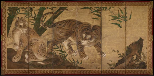 Lions et tigres dans les pivoines et le bambou