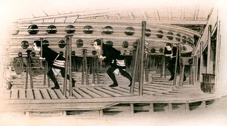 Théâtre traditionnel japonais : les machinistes actionnent la plateforme tournante de la scène