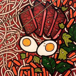 Ramen noodle beef, 2022 (technique mixte sur panneau de bois)
