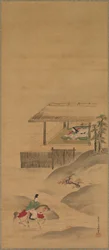 Minamoto no Nakakuni rend visite à Lady Kogo, triptyque de rouleaux suspendus