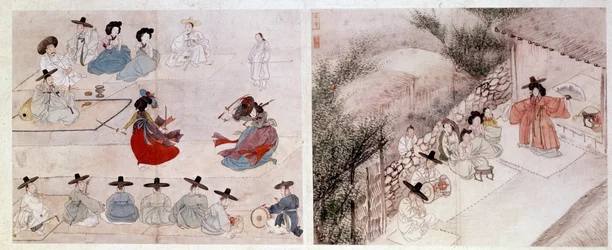 Art coréen : scène de combat de femmes, scène de la vie quotidienne. Impressions de Sin Yun Bok (ou Hyewon fait en 1758). XVIIIe ou XIXe siècle. Collection Hyung Pil Chun