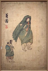 Femme enveloppée dans son manteau, passant devant deux enfants