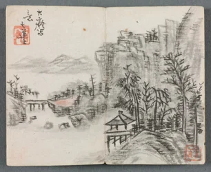 Album miniature avec figures et paysage, Paysage de falaise avec pont, 1822