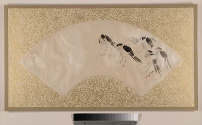 Oiseaux, fin du 19e siècle (peinture en éventail montée en feuille d