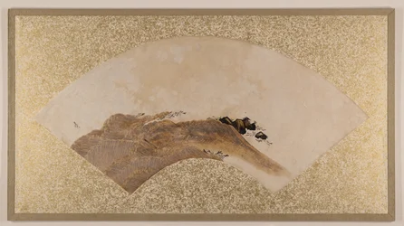 Vagues et rochers, fin du 19e siècle (peinture en éventail montée en feuille d