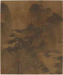 Paysage : gorge de montagne, brume, un ruisseau et des bâtiments