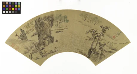Paysage avec des hommes et un âne traversant une rivière