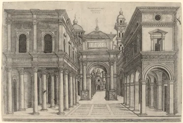 Une rue avec divers bâtiments, colonnades et une arche
