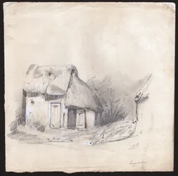 Un cottage au toit de chaume au centre de la France. vers 1830 (illustration)
