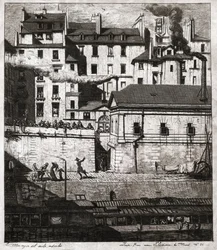 Scène de crime avec intervention de la police sur les quais de Paris. vers 1860