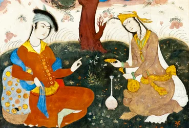 Fresque ; deux amoureux ; miniature persane ; Chehel Sotoun ; Palais des Quarante Piliers ; Ispahan ; Iran ; Asie
