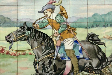 Vue intérieure, panneau de carreaux, peintre Furcy Ernest Tondeur, exécutant Boch Frères La Louvière, deuxième panneau montre une scène de chasse avec un cavalier galopant avec un cor de chasse