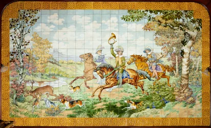 Vue intérieure, panneau de carreaux, peintre Furcy Ernest Tondeur, exécutant Boch Frères La Louvière, premier panneau, scène de chasse avec trois cavaliers