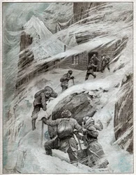 Touristes italiens bloqués dans la tempête dans les Alpes italiennes, 1925 (illustration)