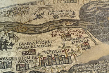 Jéricho et ses environs, y compris le fleuve Jourdain et la mer Morte, détail de la carte de la Terre Sainte, mosaïque au sol, vers 560 après J.-C., abside de la basilique Saint-Georges, Madaba, Jordanie, civilisation byzantine, VIe siècle après J.-C.