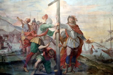Débarquement de Christophe Colomb. Fresque. Palazzo Fieschi-Crosa Di Vergagni. Gênes. Italie
