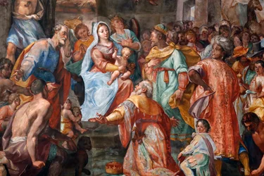 Scène de la Nativité. Fresque. Église San Donato. Gênes. Italie.