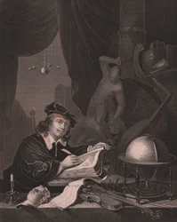 Portrait du peintre néerlandais Gerrit Dou (1613-1675), gravure par Albert Henry Paine d