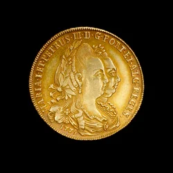 Pièce portugaise représentant la reine Maria I et son roi consort Pedro III