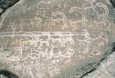Gravures rupestres dans la vallée de Hunza, près de la zone archéologique de Karimabad, Pakistan