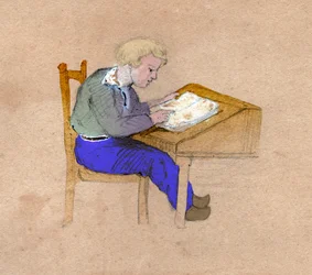 Écolier travaillant à son bureau. vers 1830 (illustration)