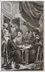 Le festin des moines violant les règles monastiques. Ils boivent du vin, courtisent les servantes. XVIIIe siècle (gravure)