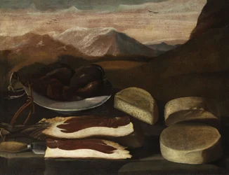 Nature morte avec saucisse, jambon et fromage