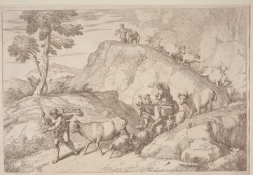 Un vieux berger menant le troupeau