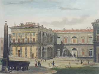 Cour intérieure du Palazzo Pitti, Florence, gravée par Johann Falkeisen (1804-83) et colorée par L. Cherbuin, vers 1842