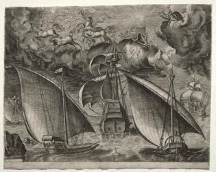 Navires à voile : Deux galères naviguant derrière un trois-mâts armé avec Phaéton et Jupiter dans le ciel
