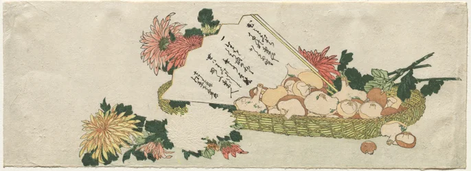 Panier avec éventail, chrysanthèmes et champignons