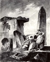 Trois jeunes filles près de ruines