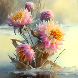 Dahlias roses et jaunes abstraits pliés par un vent glacial
