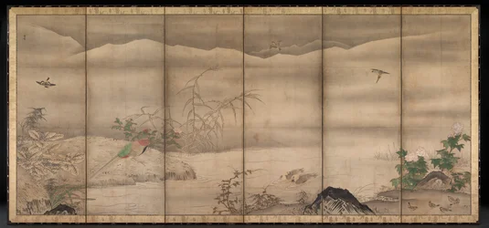 Oiseaux et fleurs dans un paysage des quatre saisons