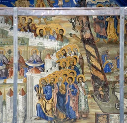 Saint Pierre ouvrant les portes du Ciel, fresque du Jugement Dernier au monastère de Timios Prodromos, Serres, Macédoine centrale, Grèce