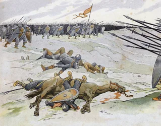 Guerre franco-anglaise (1202-1214) : soldats morts à la bataille de Bouvines le 27/07/1214 qui opposa l