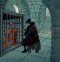 Le roi de France Louis XI visitant le cardinal Jean de la Balue prisonnier dans une cage à la prison de Loche