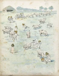 Enfants gaulois jouant avec des cochons dans un champ. Dans « La France, son histoire racontée par G. Montorgueil, illustrée par Job » 1896. Collection privée.