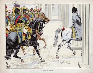 Il entre à Berlin - les troupes de Napoléon Ier entrent à Berlin - 1806 - lithographie de Job (Jacques Onfroy de Bréville) de "Le Grand Napoléon des Petites Enfants" 1893