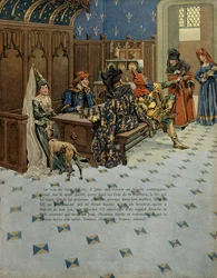 Histoire de France au Moyen Âge : Naissance de Louis (puis roi de France Louis XI dit le Prudent (1423-1483). Il est présenté à son père le roi Charles VII (1403-1461). Illustration de Jacques Marie Gaston Onfray de Breville dit JOB (1858-1931)