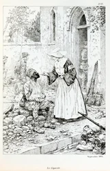 Illustration du livre « La Grande Guerre par les artistes » : « La cigarette septembre 1914 » religieux donnant une cigarette à un soldat blessé par Jacques Marie Gaston Onfray de Breville dit JOB (1858-1931)
