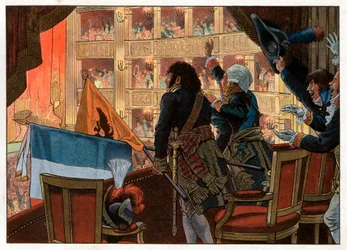 À Florence, dans la salle de théâtre, Joachim Murat et un ambassadeur russe unissent leur drapeau avec la plus grande joie des présents. Gravure de Jacques Marie Gaston Onfray de Bréville dit Job
